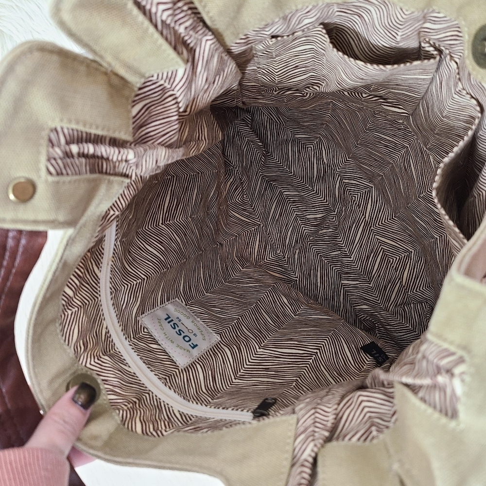 Vintage Fossil beaded canvas bag floral raffia sage green large - Picture 7 of 10